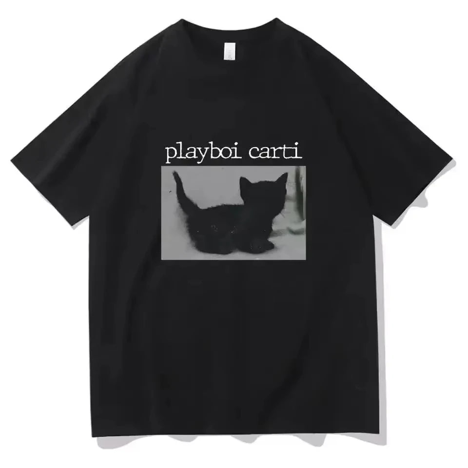 Playboi Carti T Shirts Cute Cat Harajuku Print Tee Regular Mens Rapper
