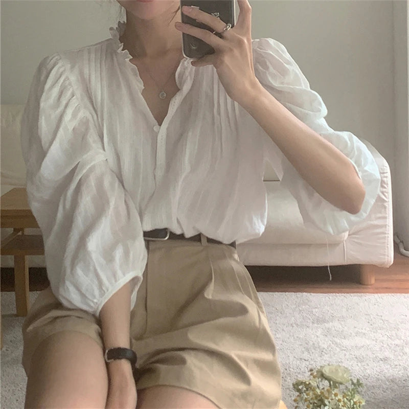 Sweet Puff Sleeve Office Oversized Women Blouses Shirts