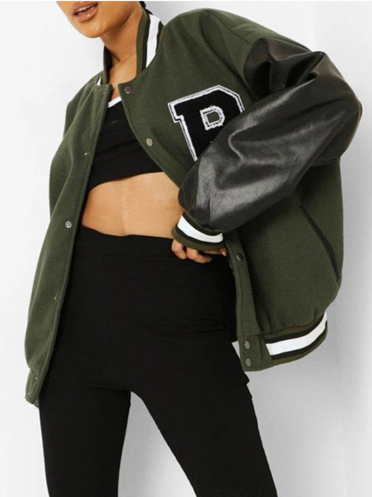 Patchwork Crop Varsity Jacket Winter Baseball Coat