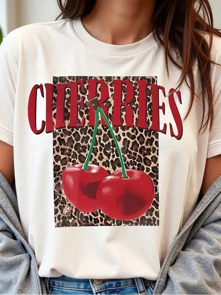 Retro Cherry Leopard Print Tee Women Spring Summer Casual