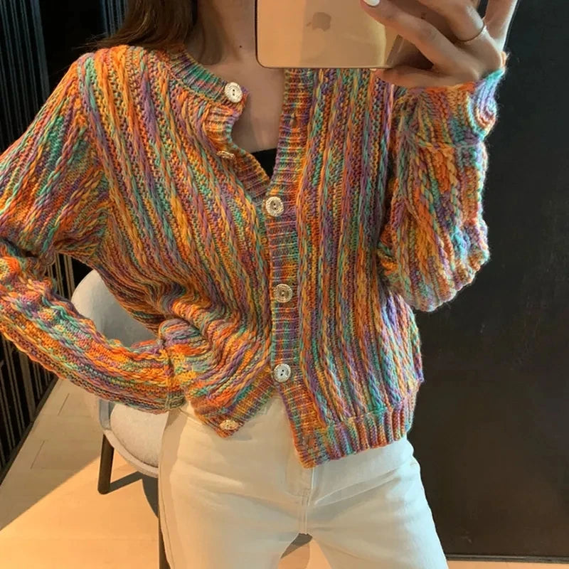New Rainbow Color Cardigan Buttons Autumn Winter