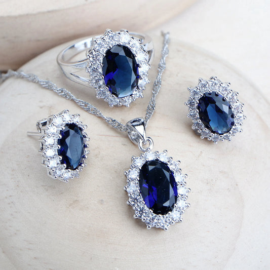 Women Bridal Jewelry Sets Blue Zirconia Necklace Earrings Rings Bracelets Pendant Set