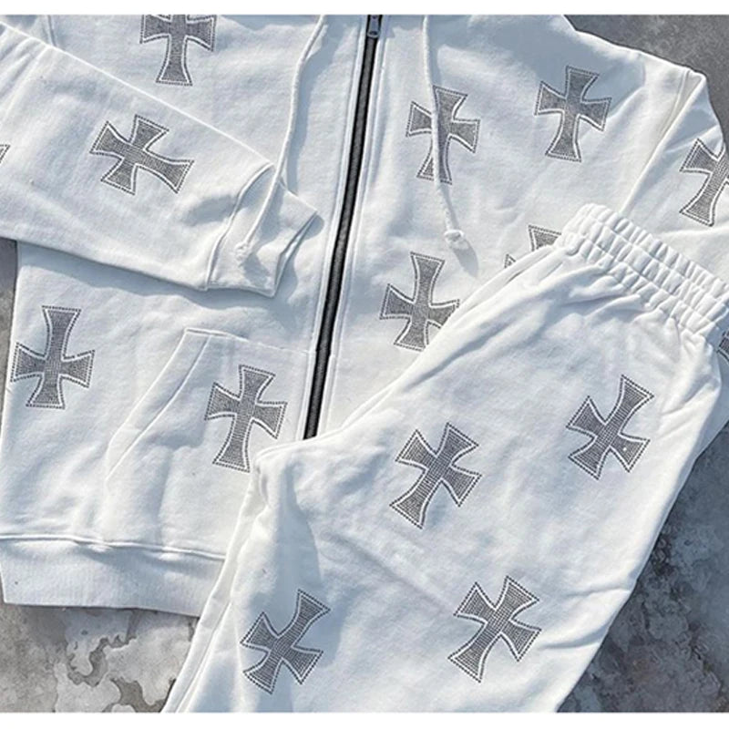 Y2K Rhinestone Cross Tracksuit – Retro Hip-Hop Pants Set Women