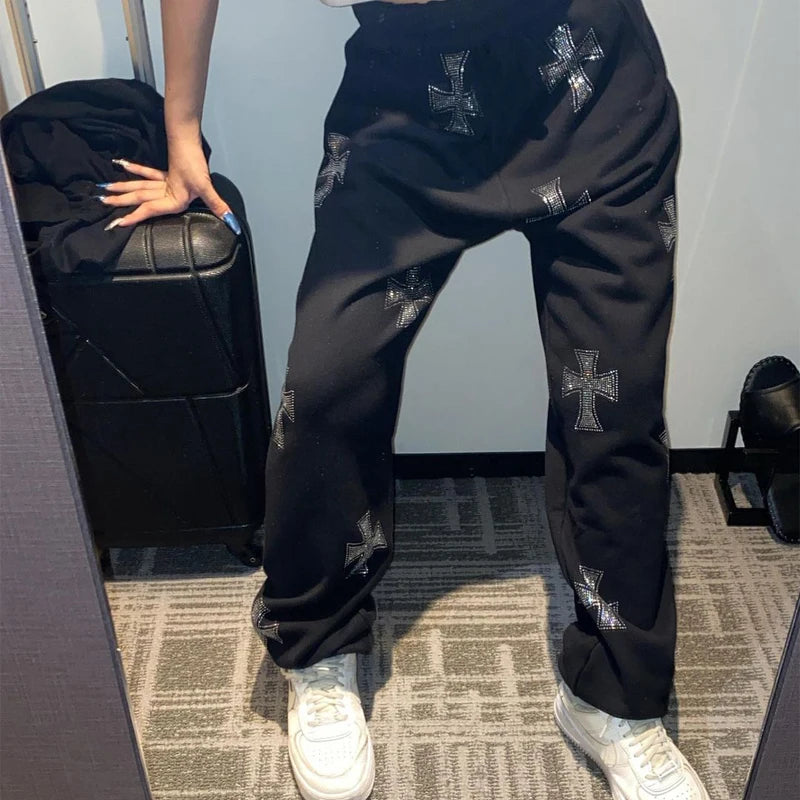 Y2K Rhinestone Cross Tracksuit – Retro Hip-Hop Pants Set Women