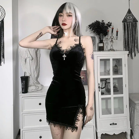 Dark Cross Mini Dress - Vintage Goth, Sexy Spaghetti Strap, High Waist Slit for Women's Party Club