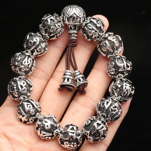 Antique Nepal Handmade Tibetan Silver Bracelet with Six-Character Mantra