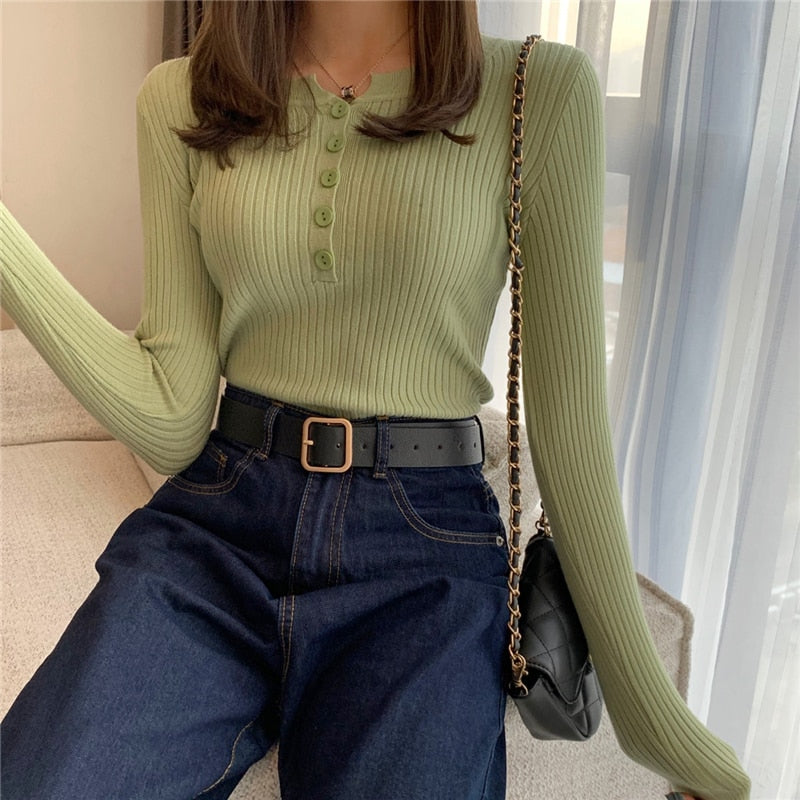 2023 High Quality Knitted Women's Button Sweater Pullovers for Spring and Autumn Slim Fit with High Neck