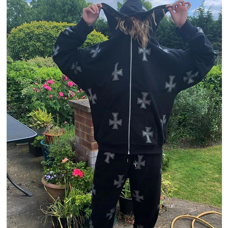 Y2K Rhinestone Cross Tracksuit – Retro Hip-Hop Pants Set Women