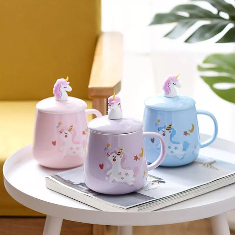 400ml Creative cartoon ceramic cute girl office cup unicorn with cover and Stainless steel