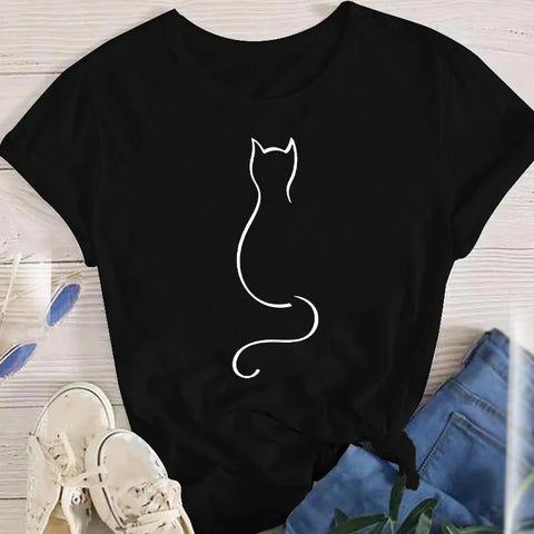 Women T-shirt Korean Fashion Summer Short Sleeve Cartoon Print Cute Cat Animal