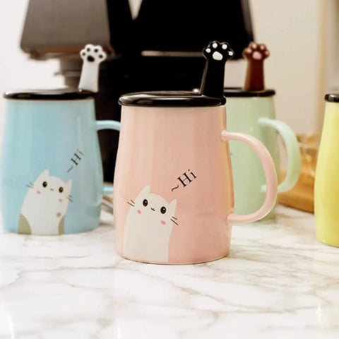 New pink cat heat-resistant cup color cartoon with Spoon kitten milk coffee ceramic mug