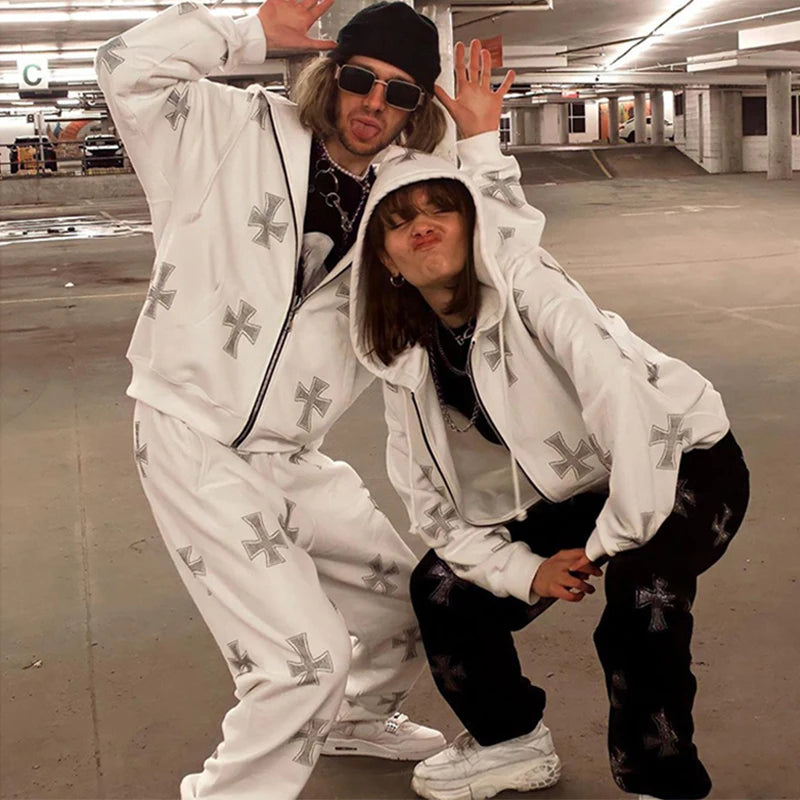 Y2K Rhinestone Cross Tracksuit – Retro Hip-Hop Pants Set Women