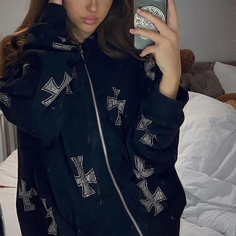 Y2K Rhinestone Cross Tracksuit – Retro Hip-Hop Pants Set Women