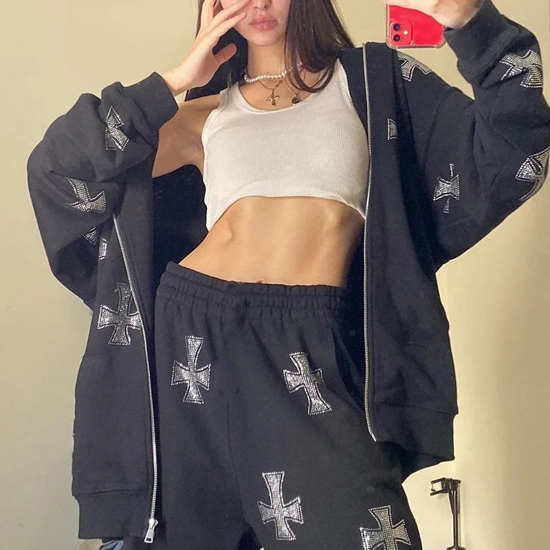 Y2K Rhinestone Cross Tracksuit – Retro Hip-Hop Pants Set Women
