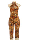 Weird Puss Backless Romper Women Halter Bandage Leopard Print Fit Tight Stretch
