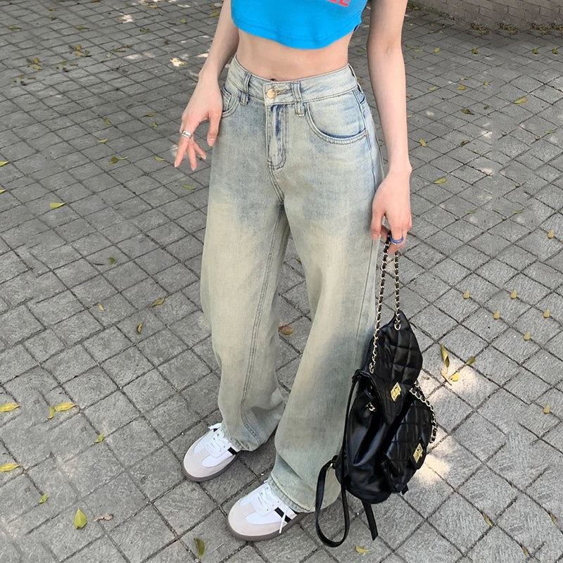 Vintage High-Waisted Washed Jeans Women Streetwear