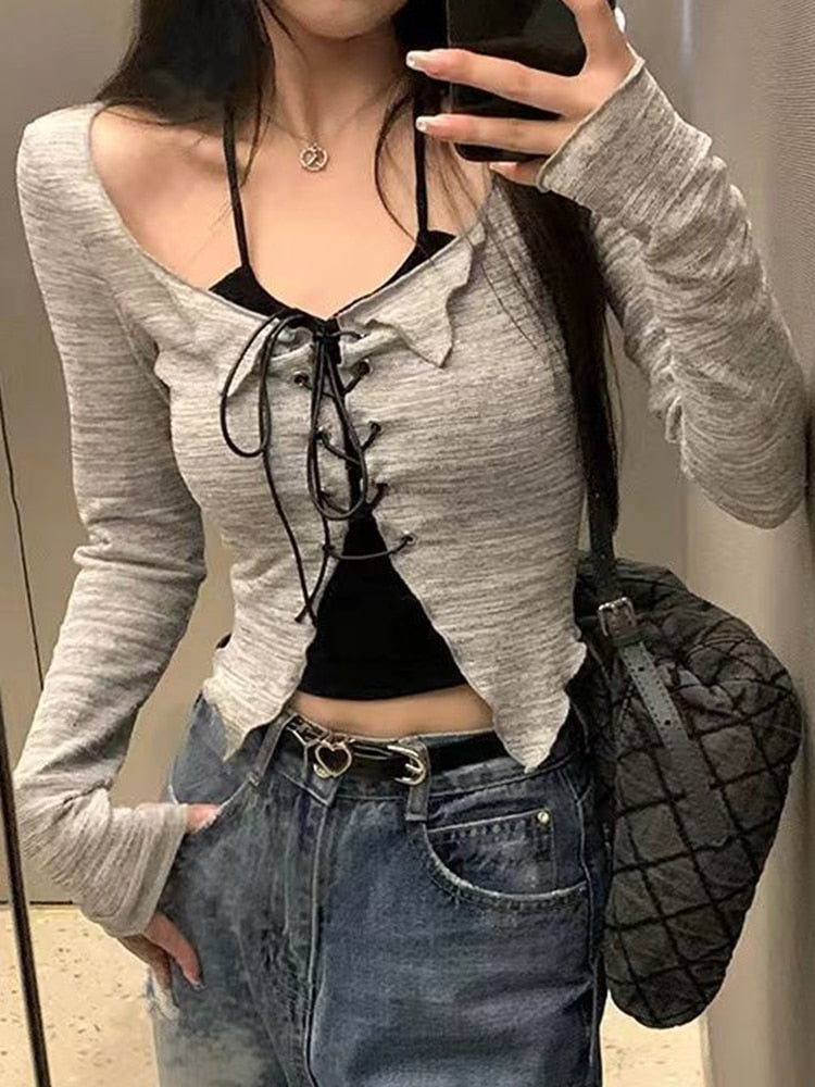 Women Spring Summer Long Sleeve Lace-up Crop Top