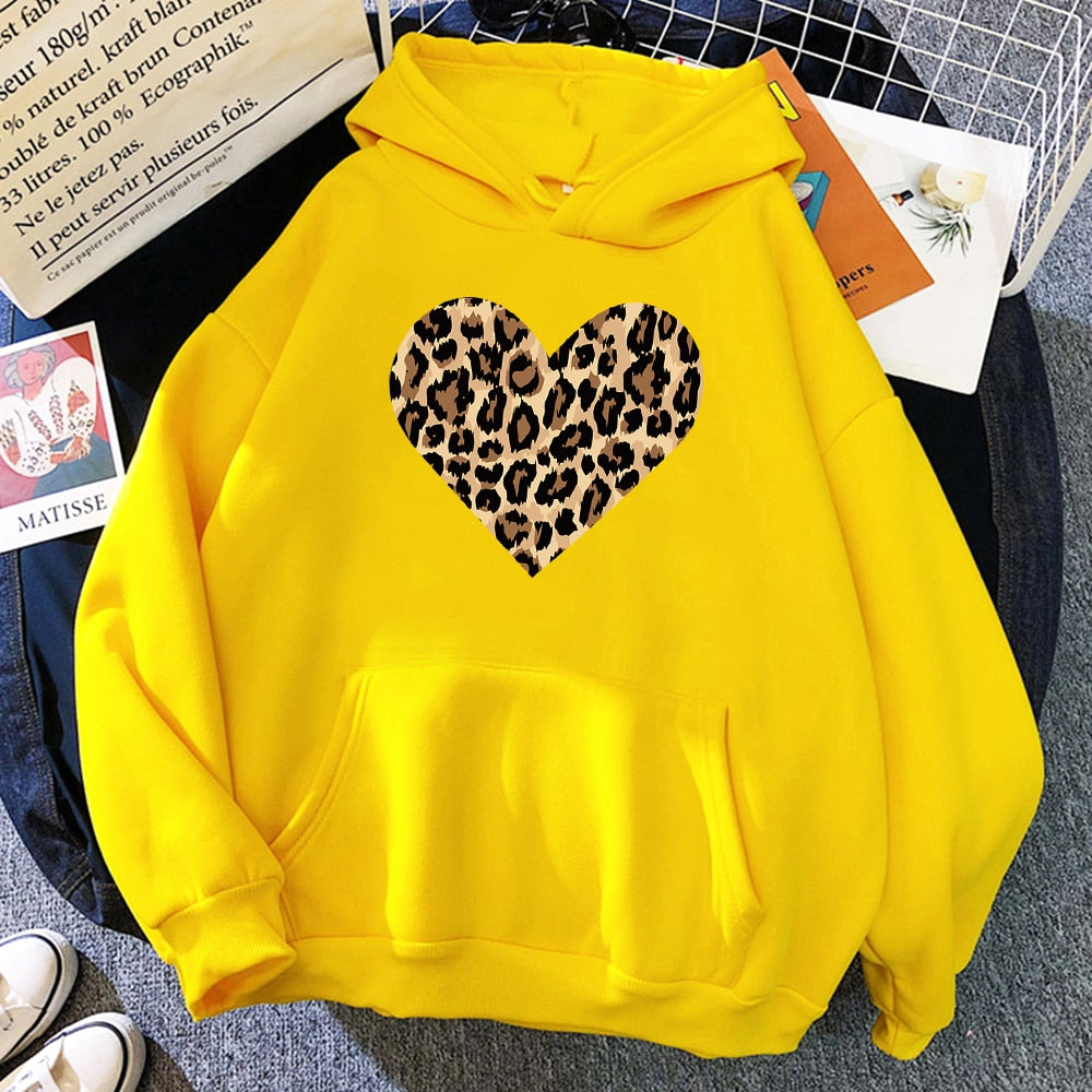 Sweatshirts Hoodie Casual Crewneck Women Leopard Love Pattern Print Loose O-Neck