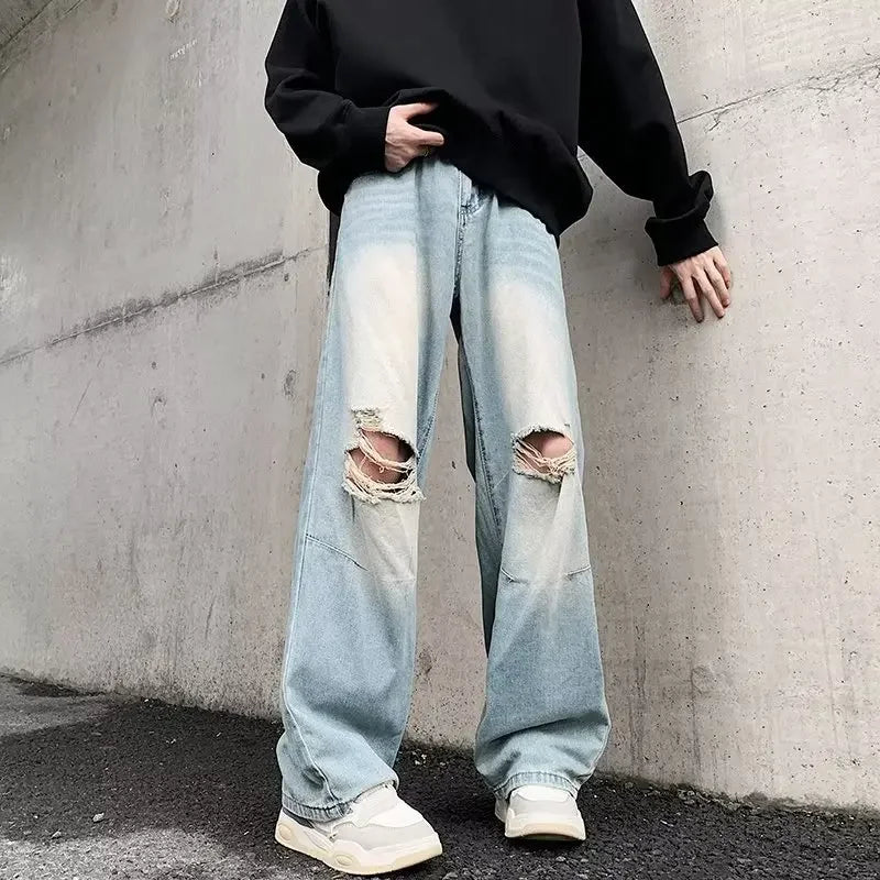 Vintage Jeans Für Männer Lose Fit Gerade Bein Hip Hop Breite Bein Zerrissene Punk 