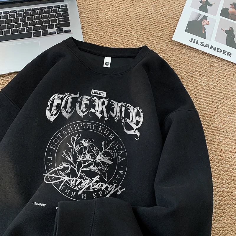 Retro Gothic Print Sweatshirt Fall Fit Crew Neck Y2k Street