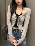Women Spring Summer Long Sleeve Lace-up Crop Top