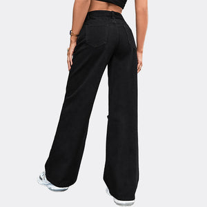 Women Straight Leg Wide Leg Trousers Jeans Casual Loose Ripped Button Zipper