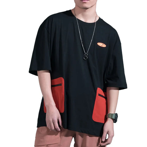 Men's Summer T-Shirt with Contrast Color Pockets - Oversize