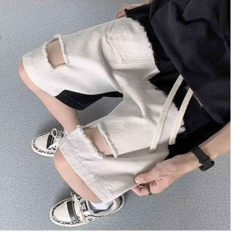Men's New Loose Casual Straight Five-point Design Spliced burr Ripped Shorts