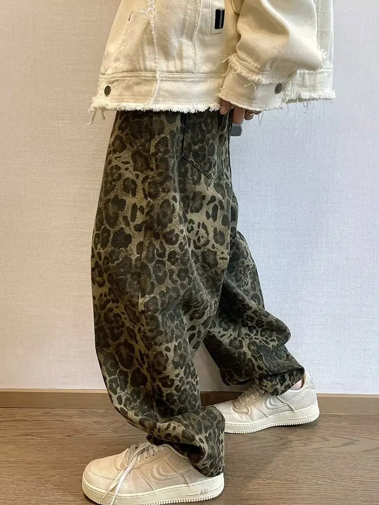 Leopard Jeans Men Denim Pants Oversize Wide Leg Trousers Streetwear