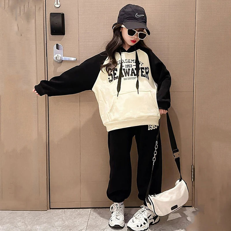 Thicken Children Tracksuit Outfit Plush Hooded Spliced