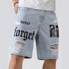 Men Summer Stretchy Denim Shorts Jeans For Men Streetwear Letter Ripped Knee