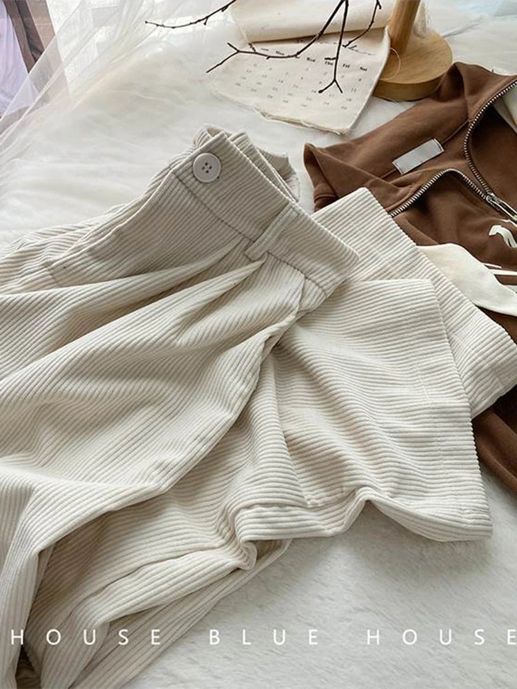 High Waist Women Retro Corduroy Pants Fall Straight Causal Full Length Trousers