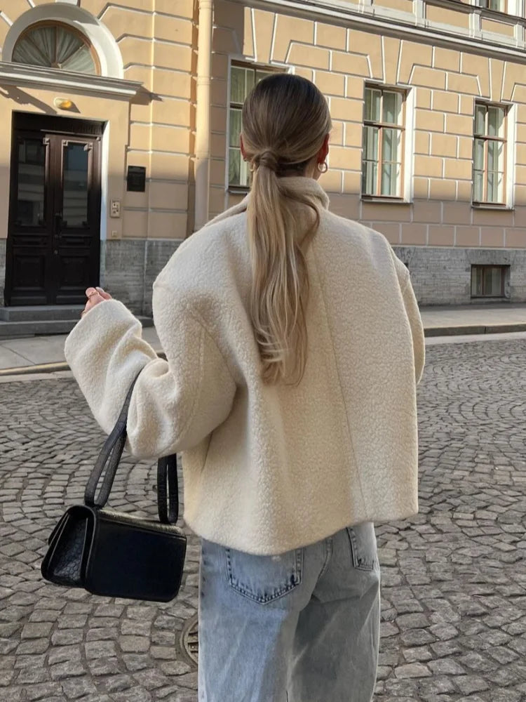 Zipper Lamb Wool Jacket For Women Chic Lapel