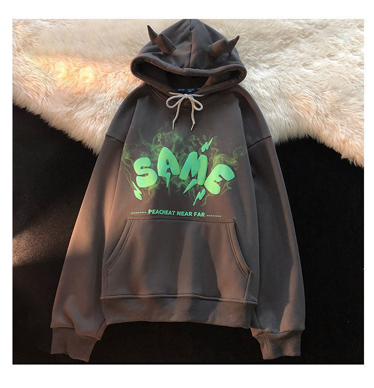 Gothic Anime Y2K Demon Horns Women's Sweatshirt Thick Hooded Pullover with Graffiti Design Perfect Goth
