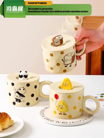 Milk Fufu Cute Ceramic Mug with Lid, Panda Mug Girls Gift Couple Water Cup Coffee Cups