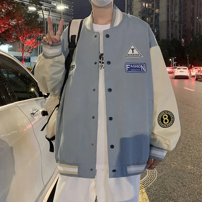 Trendy Korean Style Men's Baseball Jacket Loose Fit Casual Sports
