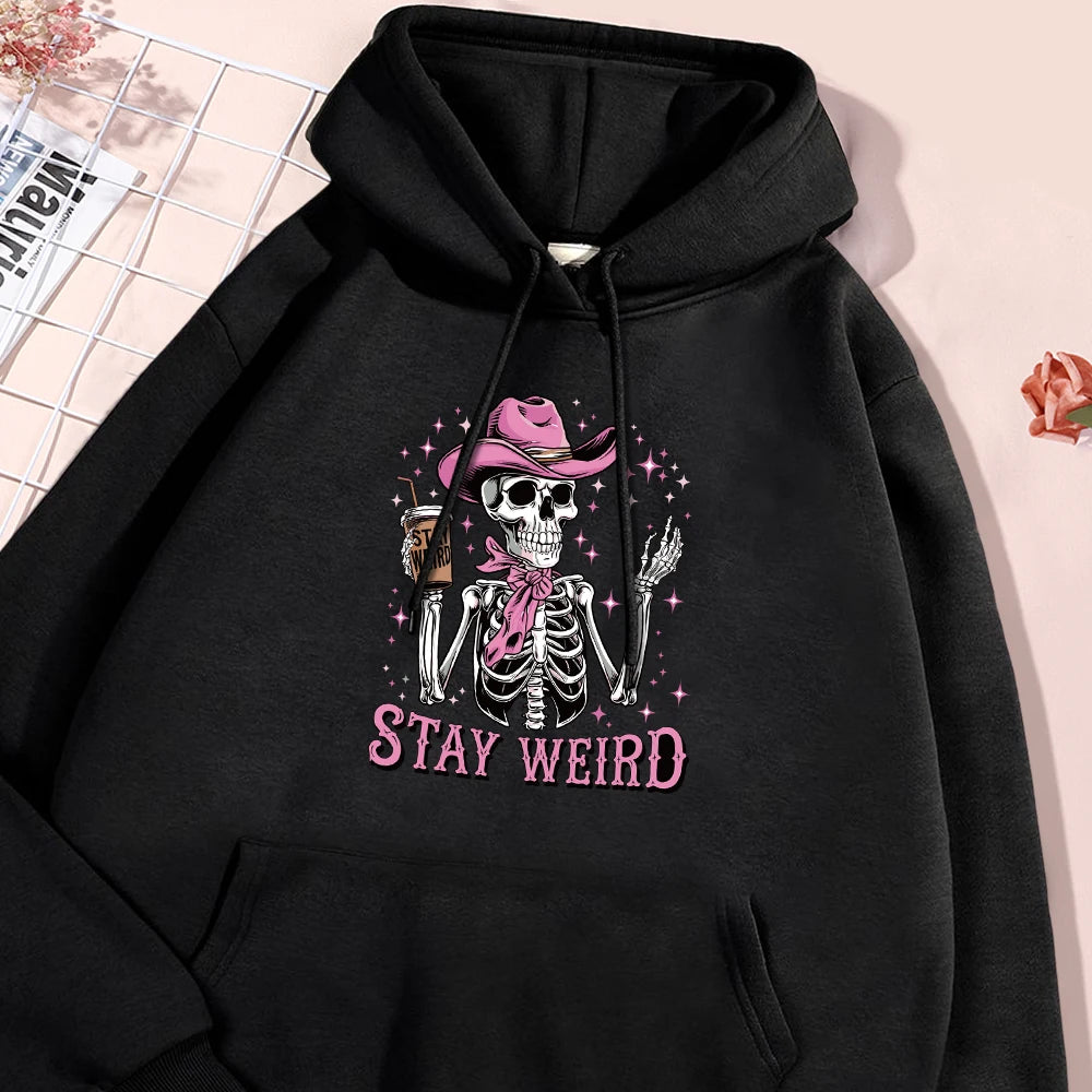 Pink Hat Skull Print Stay Weird Letter Man Hoodies Soft Fleece