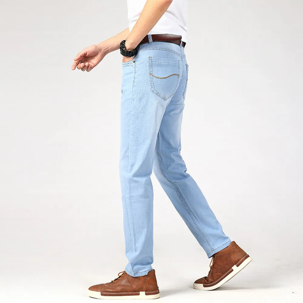 Jeans Men Light Blue Casual Straight Stretch Fashion Classic Work Denim