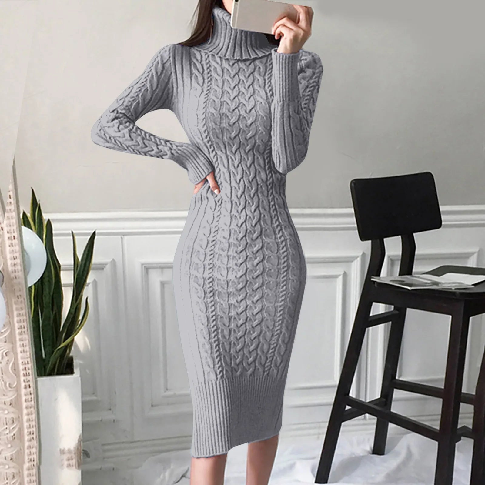 Women’s Turtleneck Knitted Bodycon Midi Dress