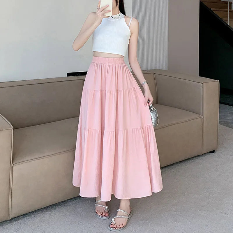 2024 Summer High-Waist Pink A-Line Midi Skirt for Women