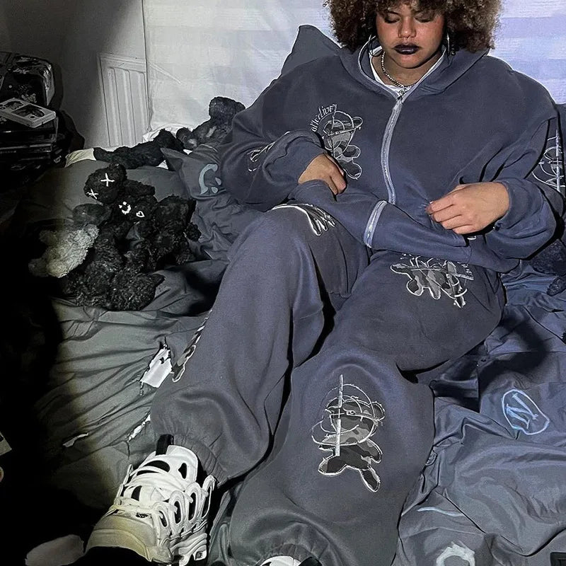 Bear Embroidered Hoodie Set – Couple Streetwear Tracksuit