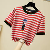 Women's Summer Embroidered Striped Knit T-Shirt