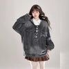 Women’s Retro Denim Hooded Sweatshirt Loose Fit