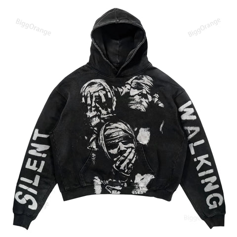 2024 Double Skull Print Cotton Hoodie - Men's Y2K Gothic Loose Sports Top