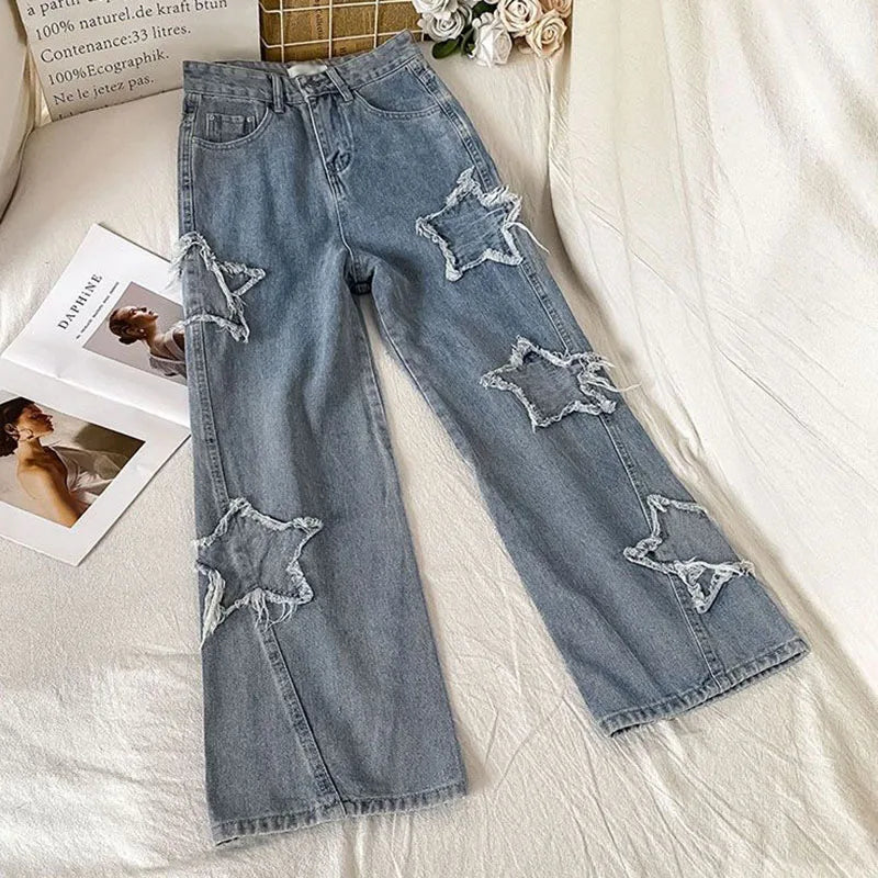 Harajuku Retro Star Women 2024 Straight Denim Street Loose Wide Leg Trousers