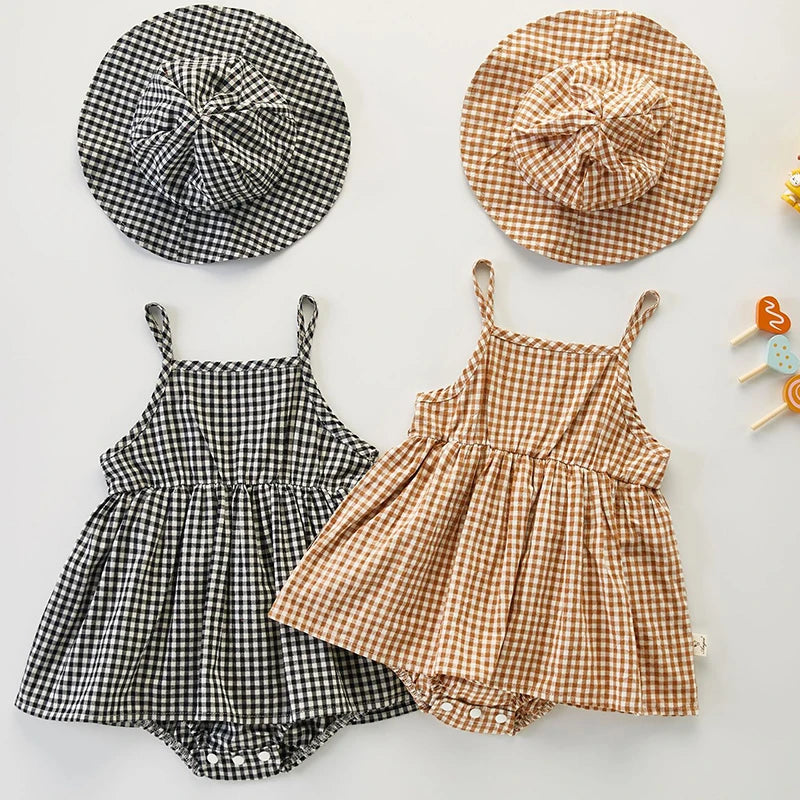 Baby Girls Jumpsuit+Hat Sleeveless Cotton Plaid Toddler Baby Girl Dress Romper