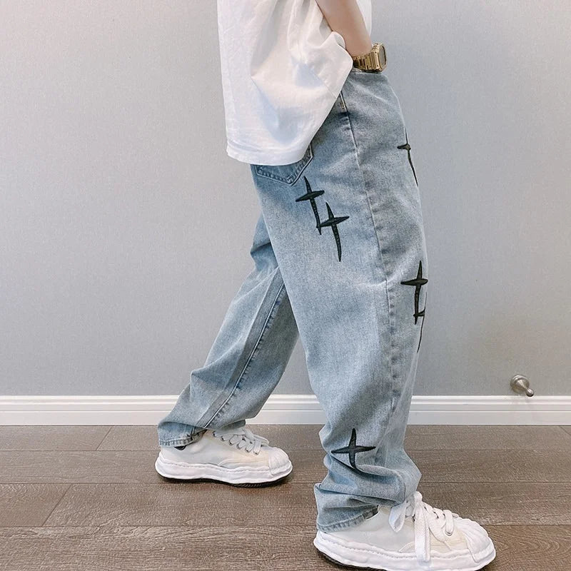 Prints Jeans Men Streetwear Baggy Wide Leg Straight Casual Denim Cargo Pants