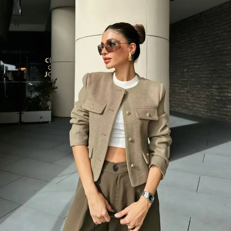2024 Hot Fashion Women Bomber Cropped Jackets Female Golden Button Blazer Spring