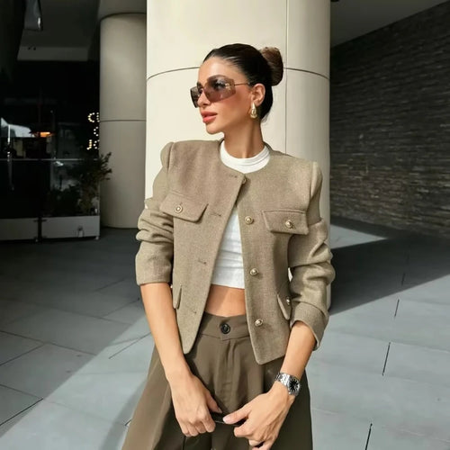 2024 Hot Fashion Women Bomber Cropped Jackets Female Golden Button Blazer Spring