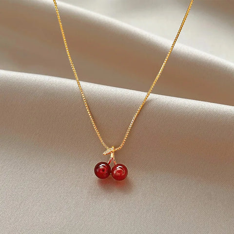 New Wine Red Cherry Gold Colour Pendant Necklace For Women Personality Fashion
